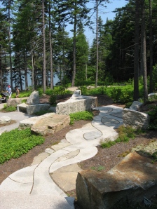Path leading to a seated overlook of the Meditation Garden and Sheepscot River